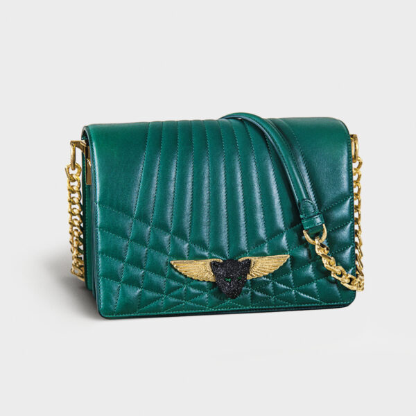 Green quilted leather handbag with gold-tone chain strap and winged emblem.