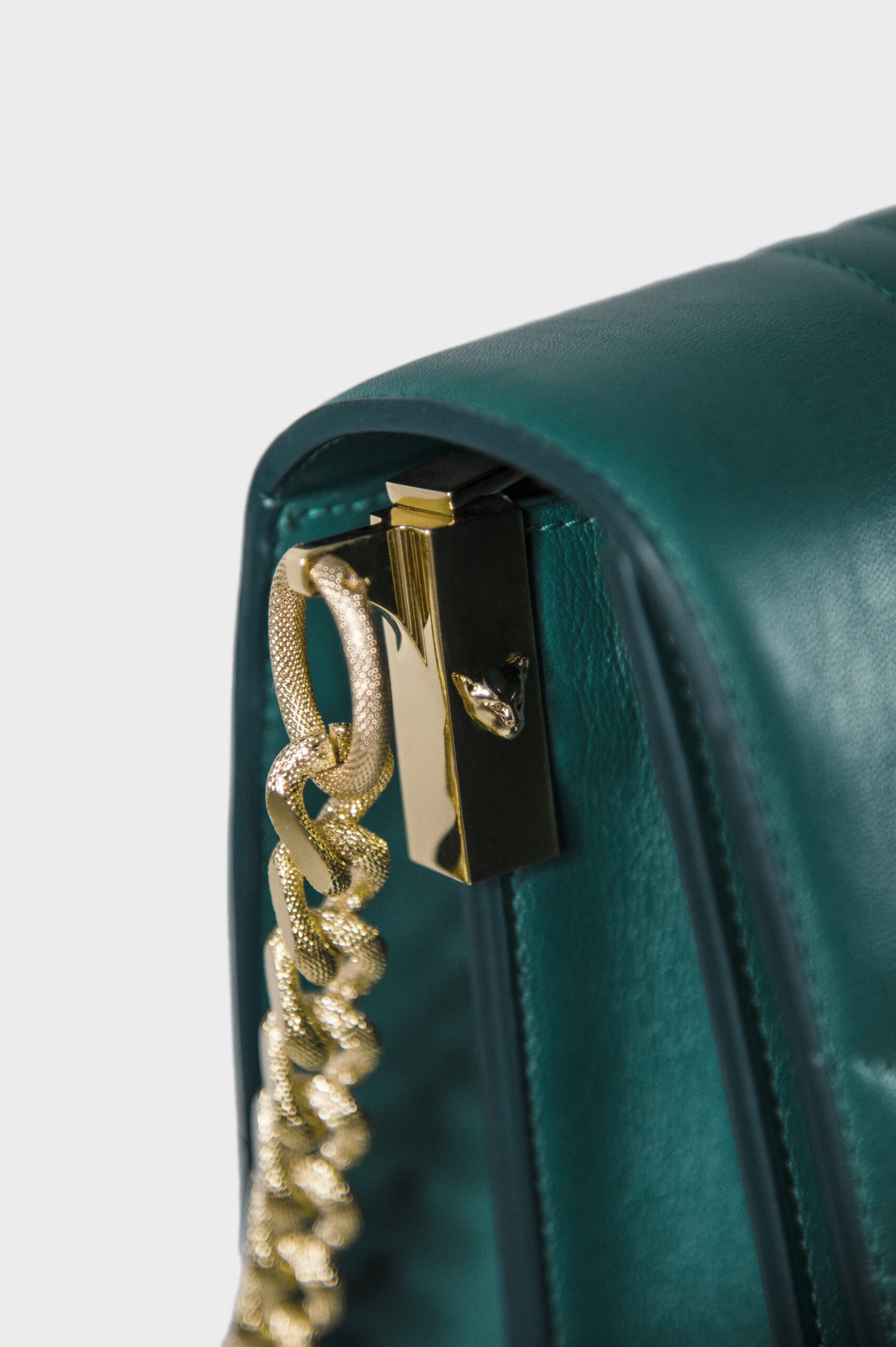 Close-up of a green leather handbag with gold chain and clasp.