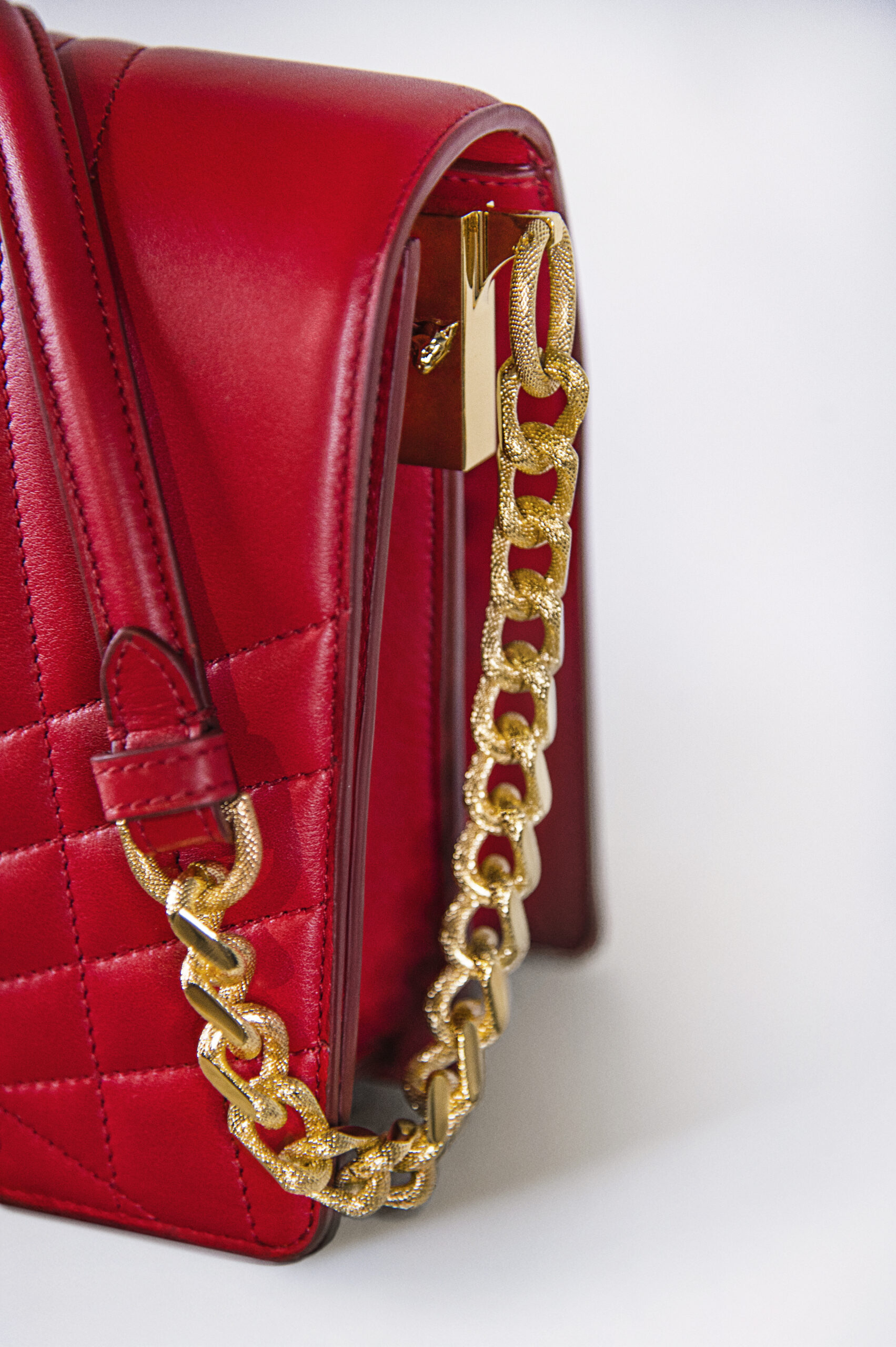 Close-up of a red leather bag with a gold chain strap.