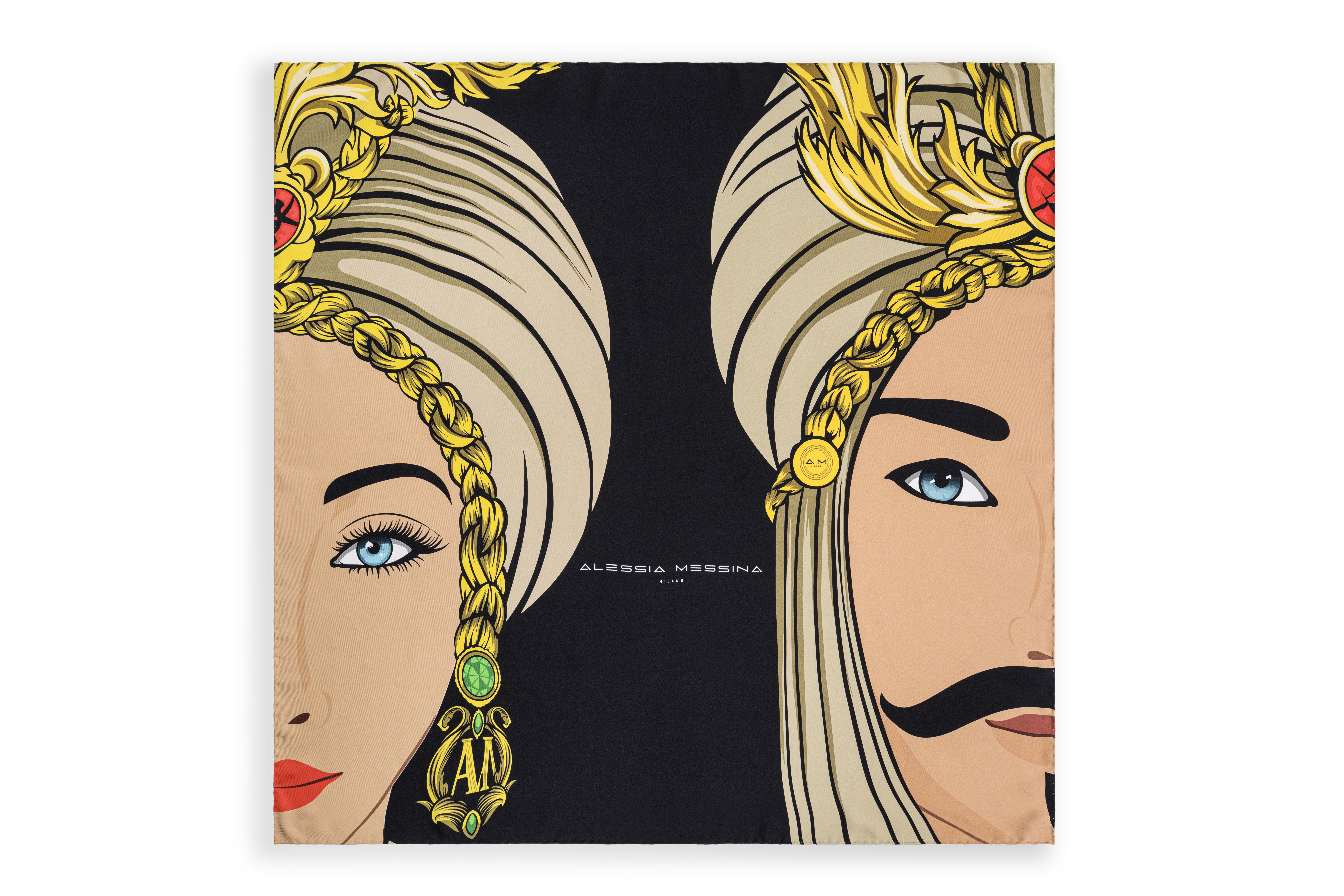 Artistic portrait of two regal figures with intricate headwear and jewelry.