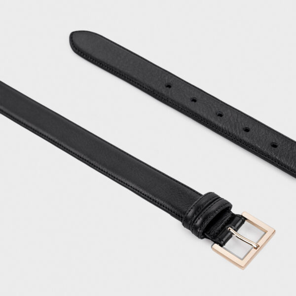 Black leather belt with a gold buckle on a white background.