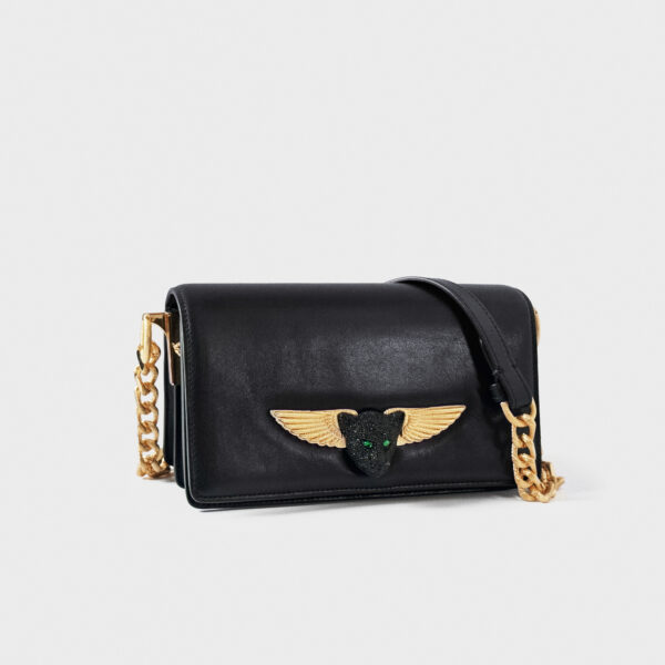 Elegant black leather handbag with gold winged emblem and chain strap.