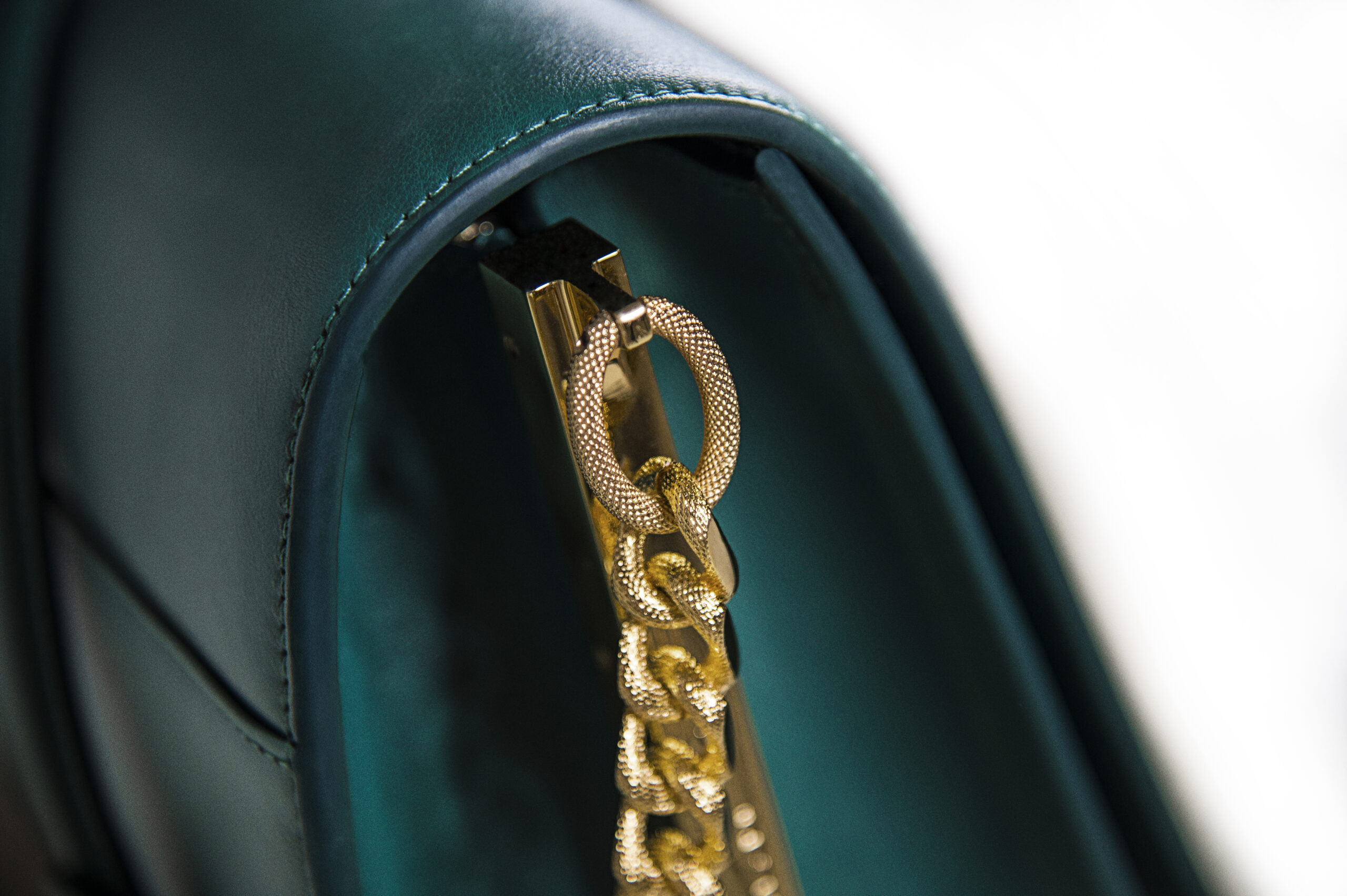 Close-up of a green leather bag with a gold chain strap.