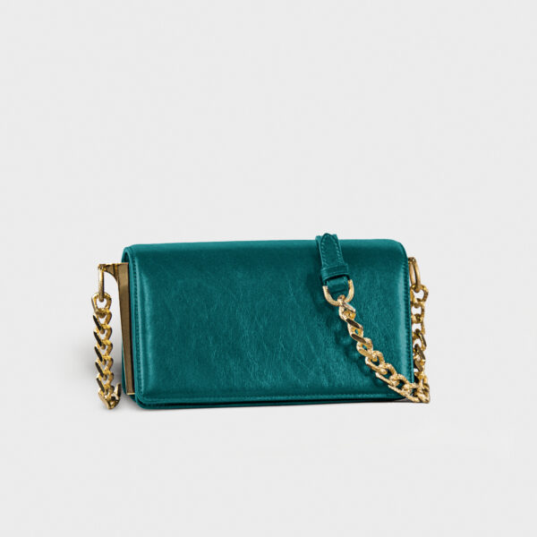 Teal velvet handbag with gold chain strap.
