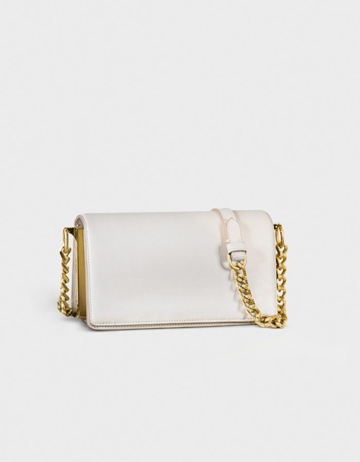 Elegant white leather purse with gold chain strap.