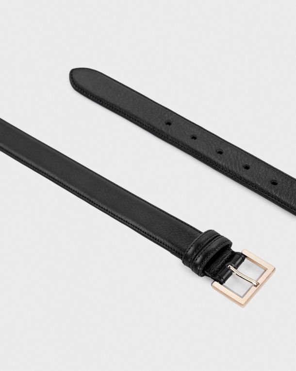 Black leather belt with a gold buckle on a white background.