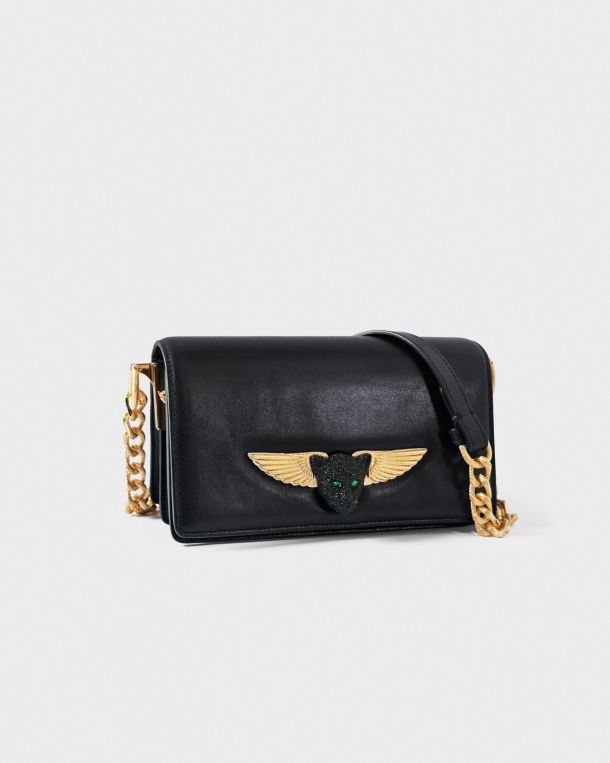 Elegant black leather handbag with gold winged emblem and chain strap.
