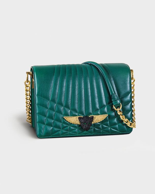 Green quilted leather handbag with gold-tone chain strap and winged emblem.