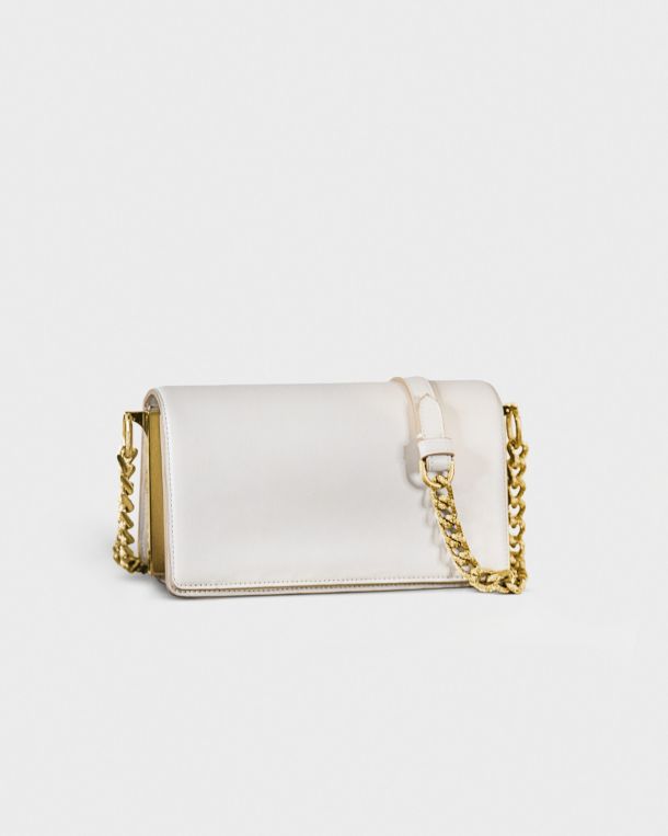 Elegant white leather purse with gold chain strap.
